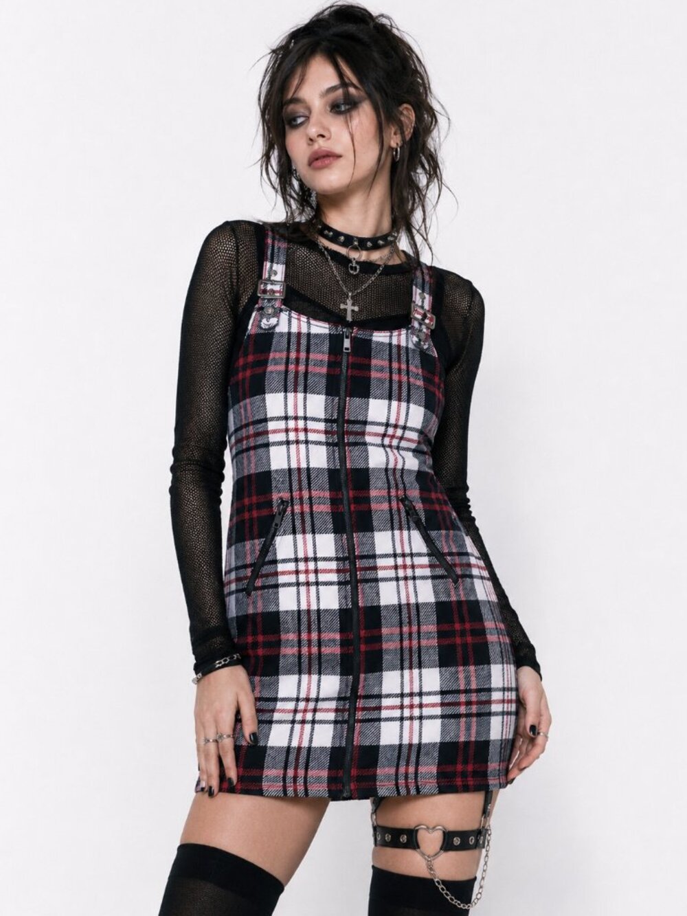 Forever 21 Plaid Zip-Front Pinafore Mini Dress Y2K Goth Grunge